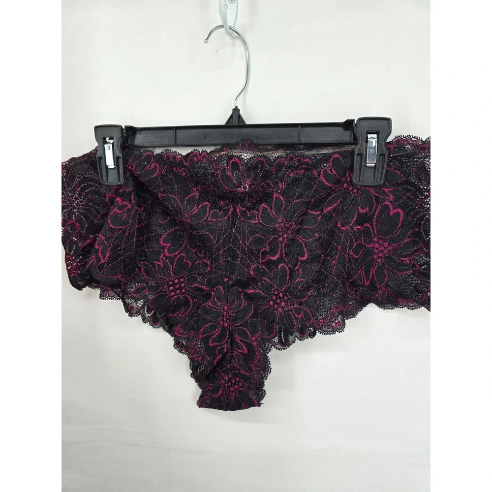 Floral Lace‎ Halter Camisole and Boyshort Panty Lingerie Set Black Magenta 1X